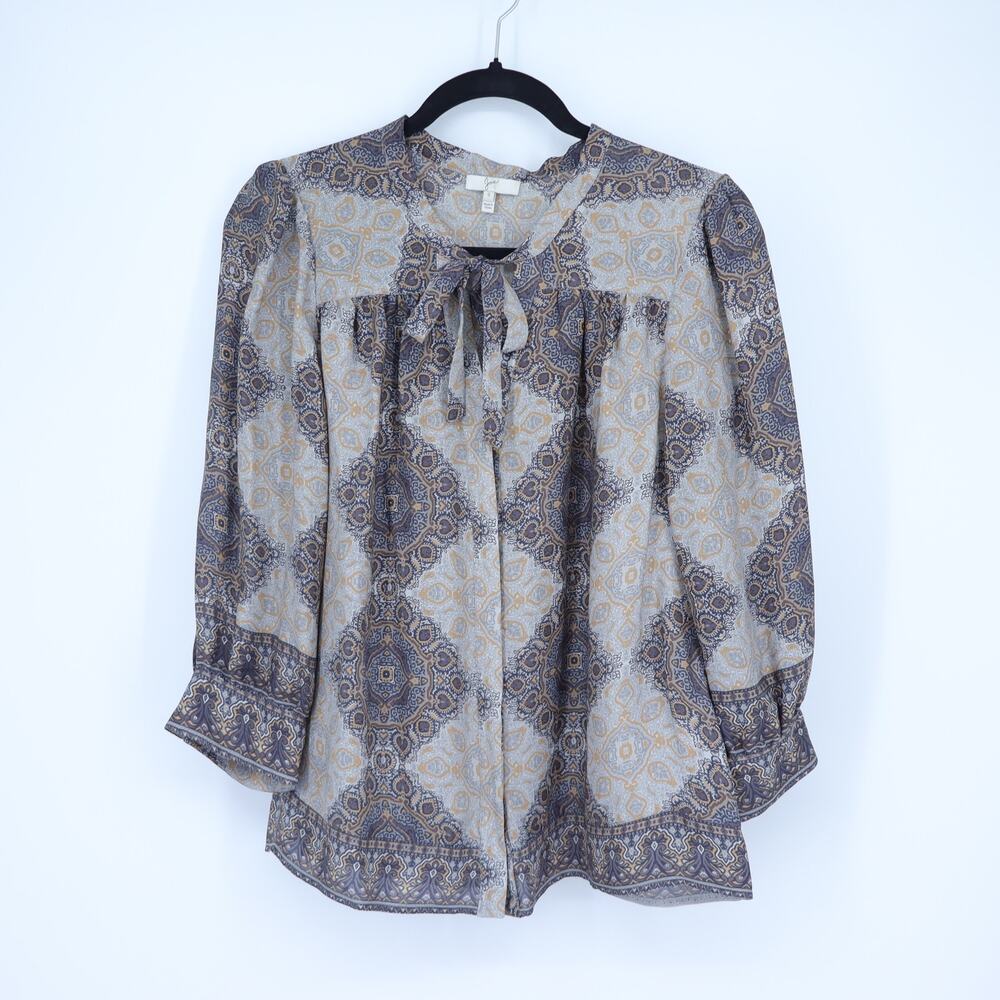 Joie Hartford Silk Blouse Gray Medallion Paisley Print Self-Tie Neck Women's S